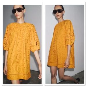 NWT Zara Perforated Embroidered Puff Sleeve Short Dress Tangerine